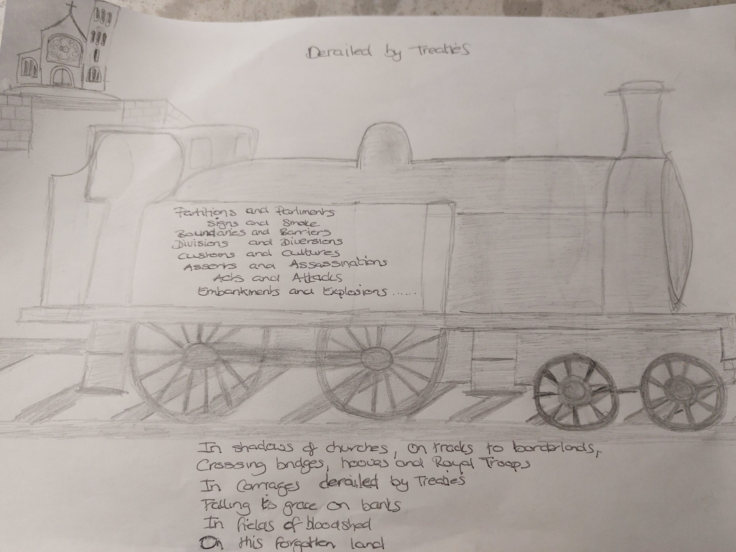 A train sketched in pencil with the words of the poem written over the drawing.